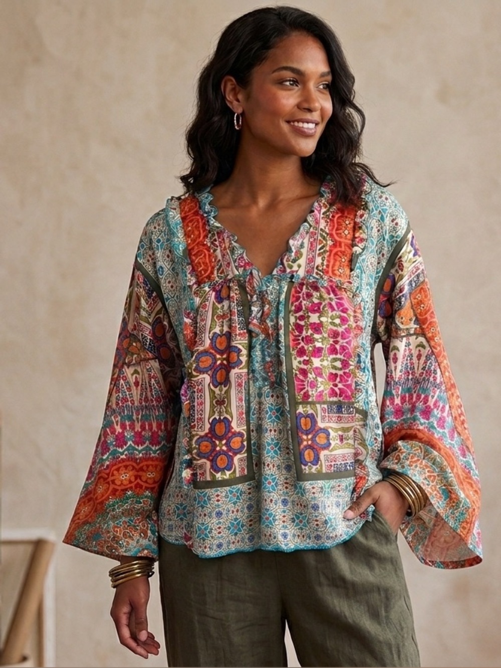 Johnny Was 100% Silk blouse Top Multicolor Boho Patchwork ruffle trim size Small